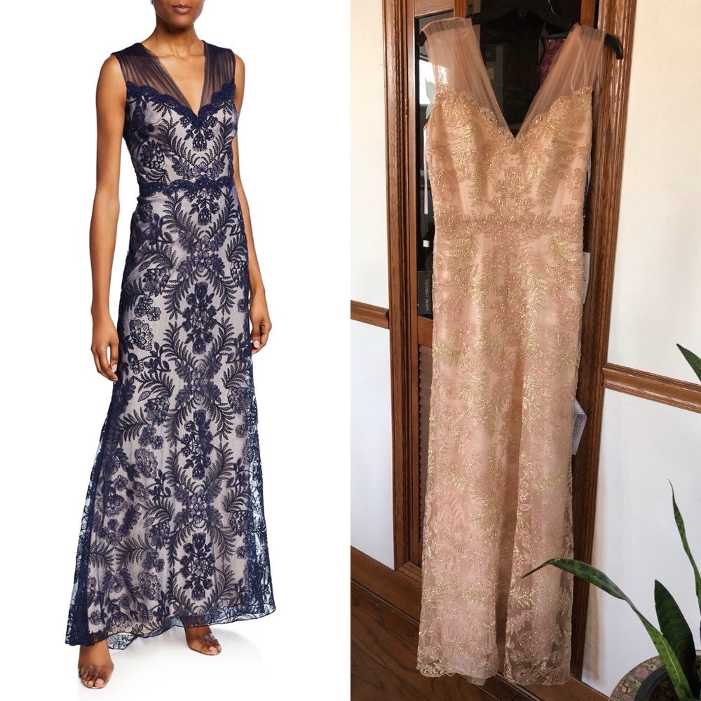 Tadashi shoji peach and gold embroidered dress